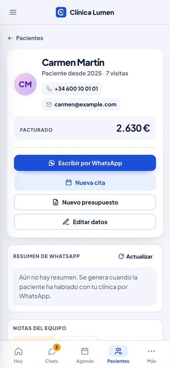 Ficha de la paciente Carmen Martín: 7 visitas, 2.630 € facturados, nota «Boda en junio», consentimiento de bioestimuladores pendiente, botón Programar revisión e historial de citas (en el móvil)