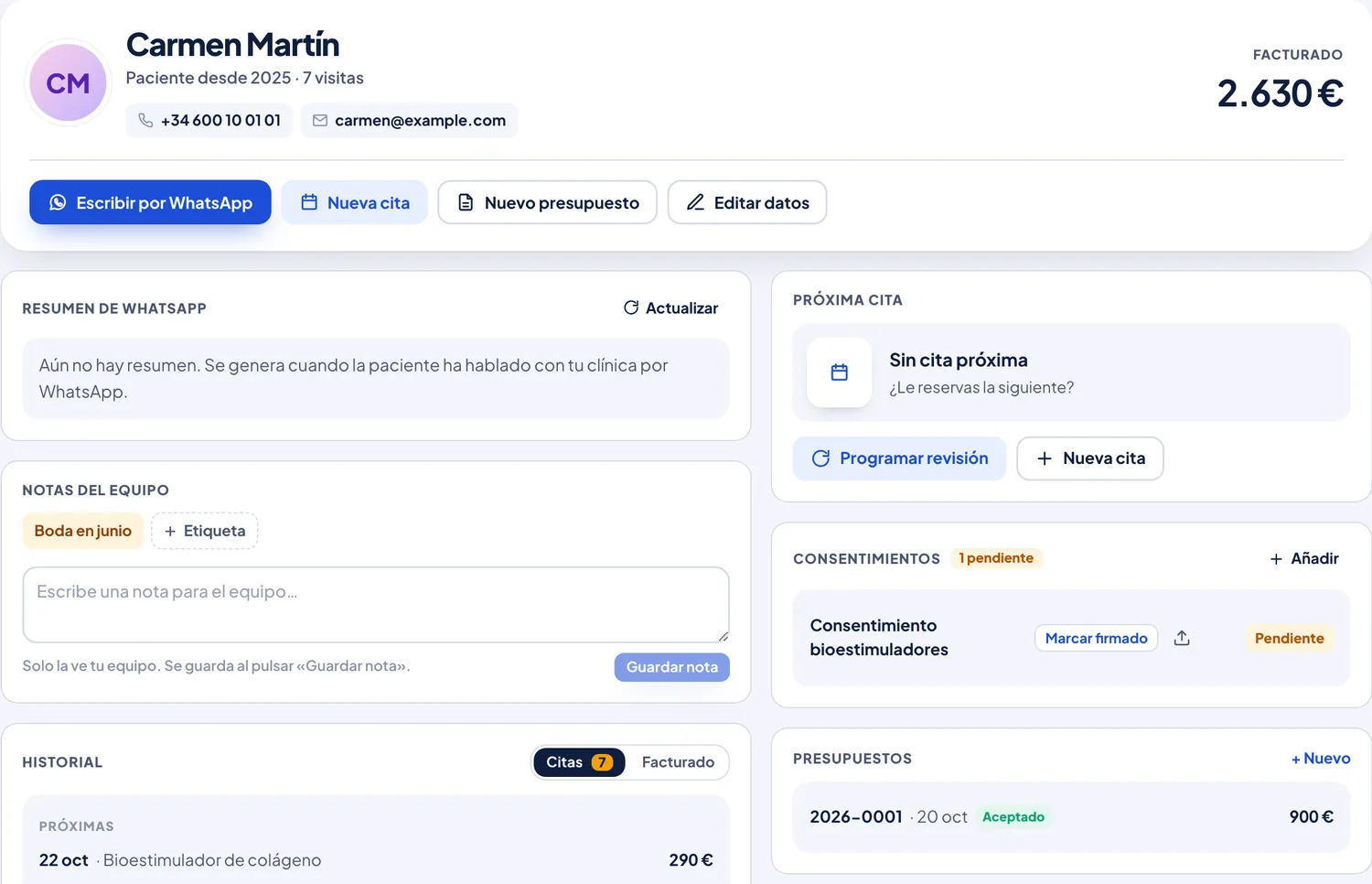 Ficha de la paciente Carmen Martín: 7 visitas, 2.630 € facturados, nota «Boda en junio», consentimiento de bioestimuladores pendiente, botón Programar revisión e historial de citas