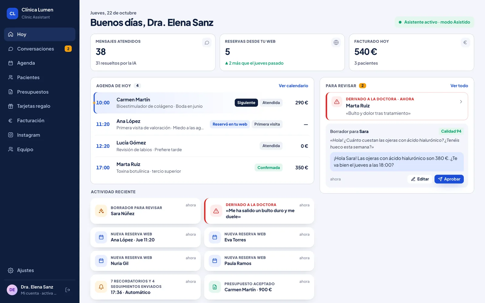 Pantalla «Hoy» de Clinic Assistant, con el menú de agenda, pacientes, presupuestos, tarjetas regalo, facturación e Instagram