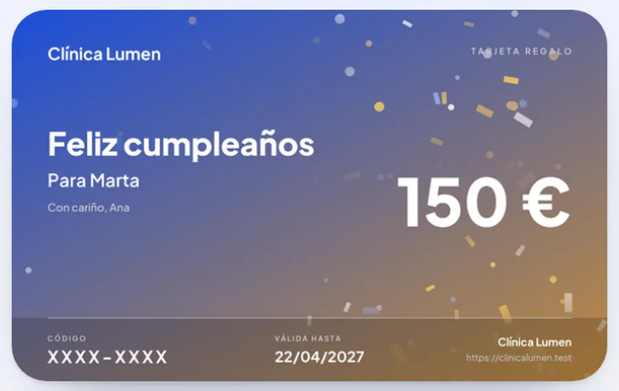 Tarjeta regalo de cumpleaños de 150 € con el nombre de la clínica