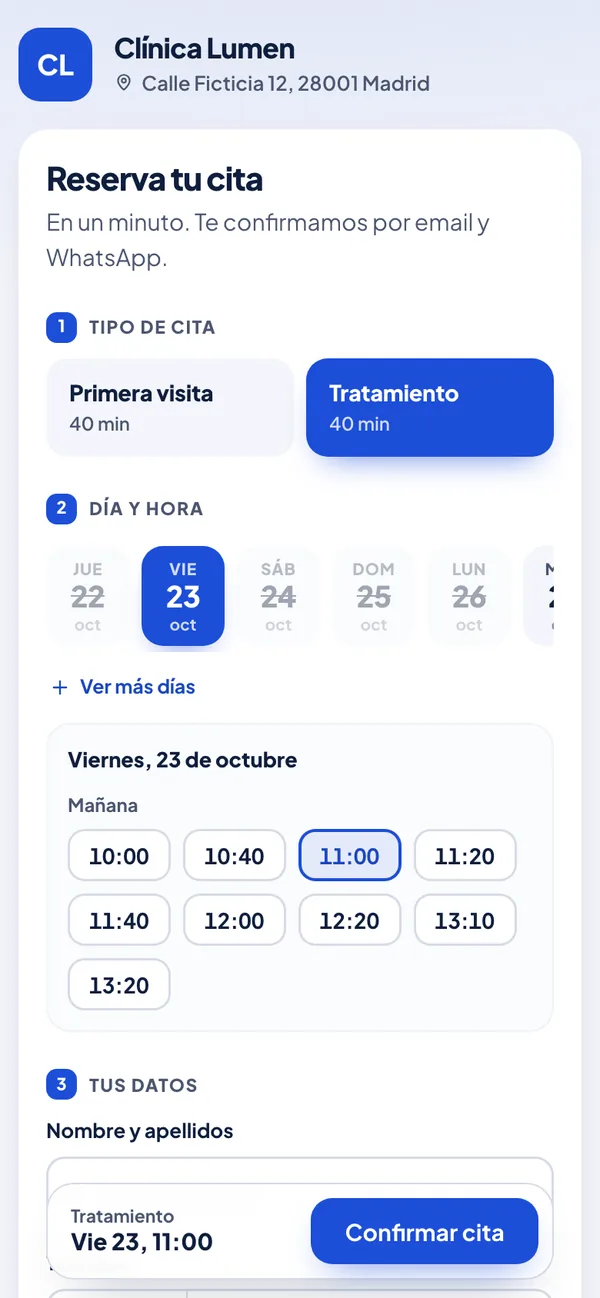 Formulario de reserva en el móvil: tipo de cita, día y hora